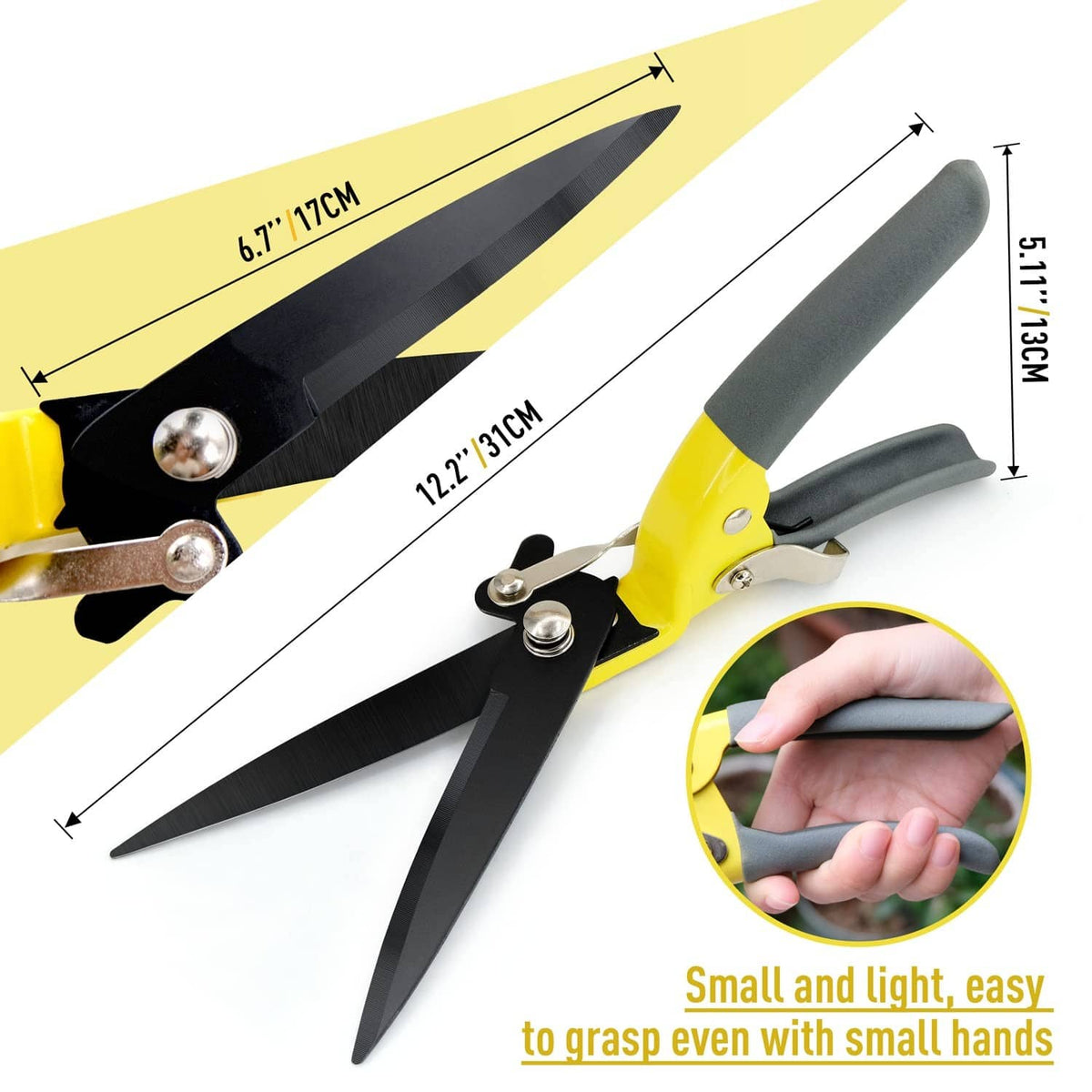 Compact yellow grass shears with gray handles and two long dark blades for grip