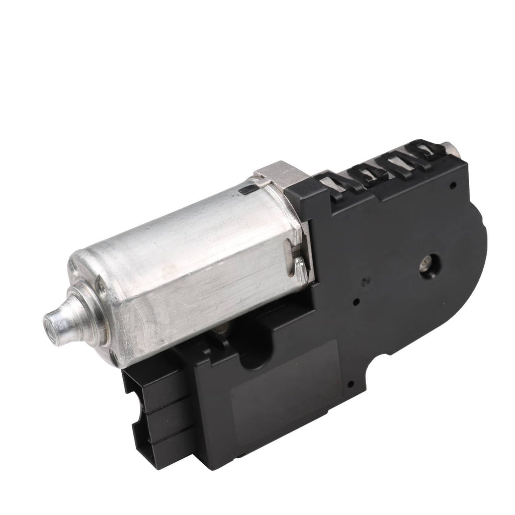 Sunroof motor with silver cylindrical housing and black module, angled side view