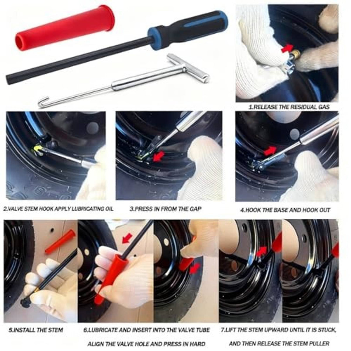 Valve stem tool kit parts: red and black handle, silver rods, small hooks