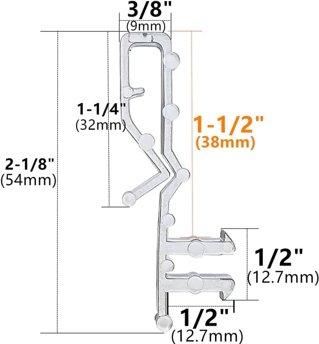Hidden channel valance clip diagram with 2-1/8 in and 1-1/2 in size markings