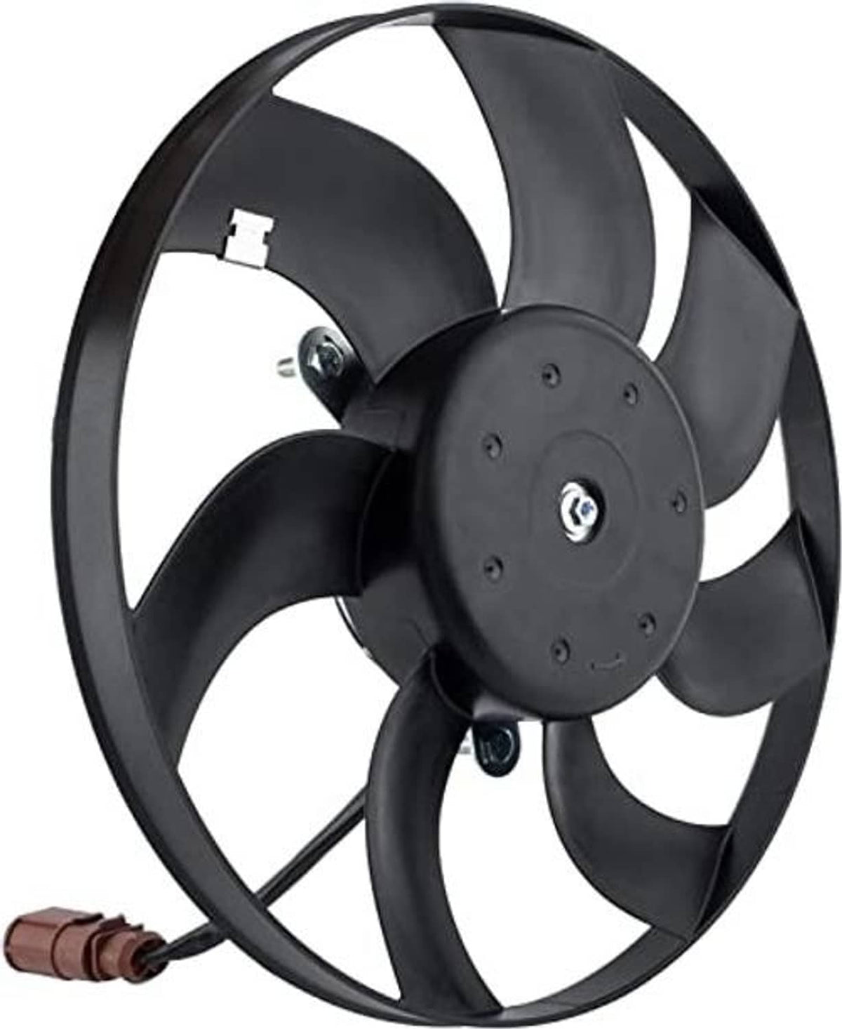 Black radiator cooling fan with curved blades and central mounting hub, brown wire connector