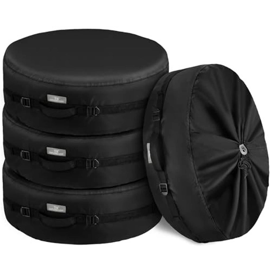 Black spare tire cover with built-in strap buckles and attached carry bag