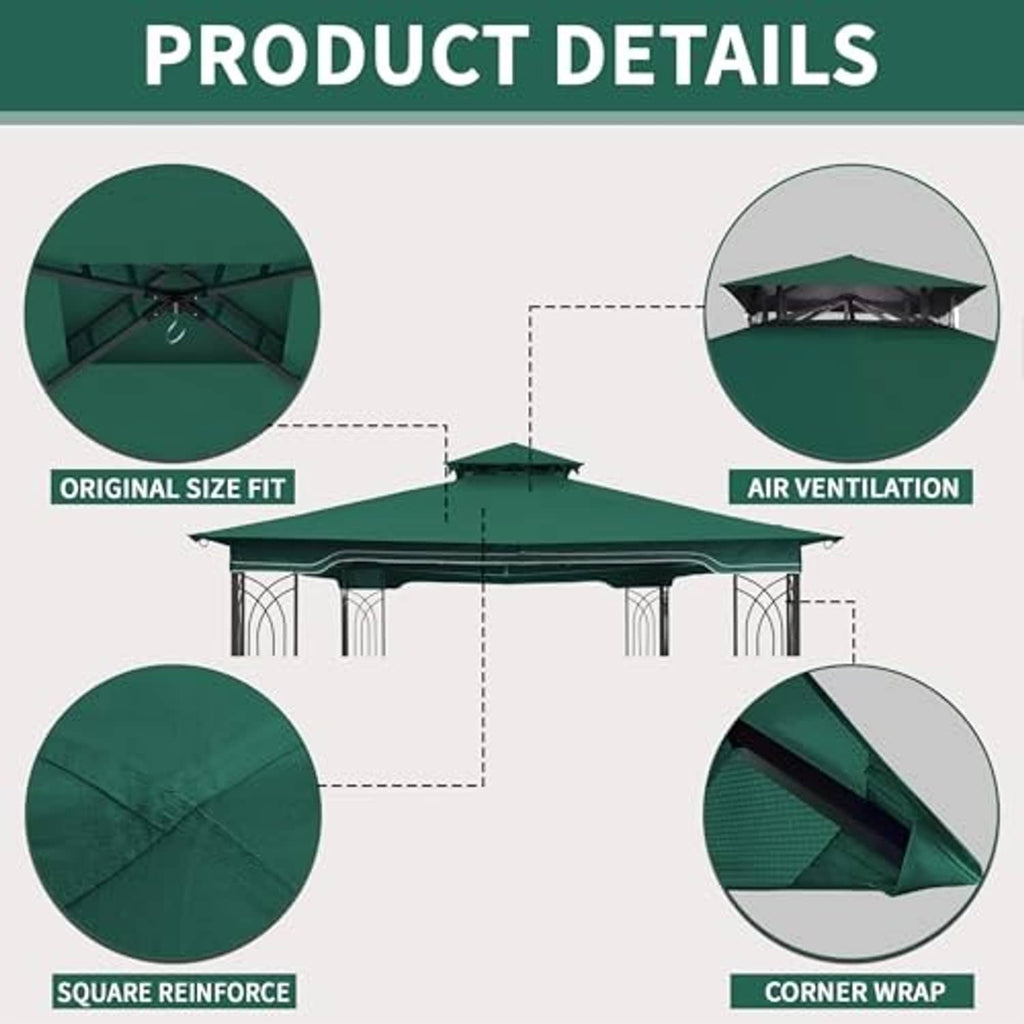 Forest green canopy features include air ventilation and corner wrap reinforcement