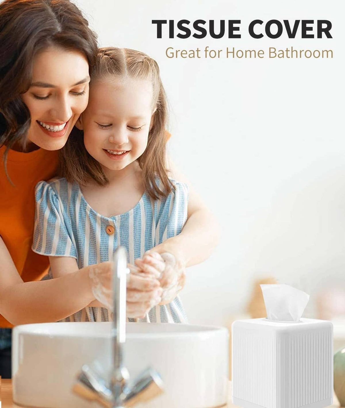 White square plastic tissue box cover next to tissues, open slot for easy access.