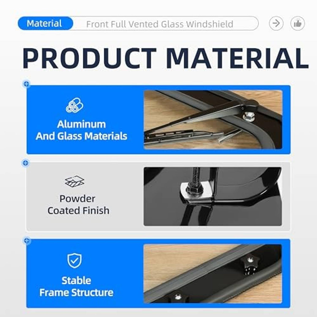 Vented windshield frame made of aluminum with glass, powder-coated finish