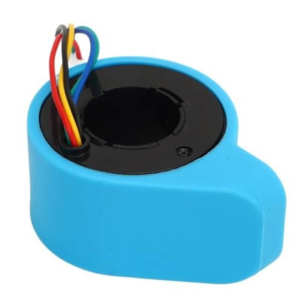 Blue throttle housing with black circular faceplate and connected multicolor wires