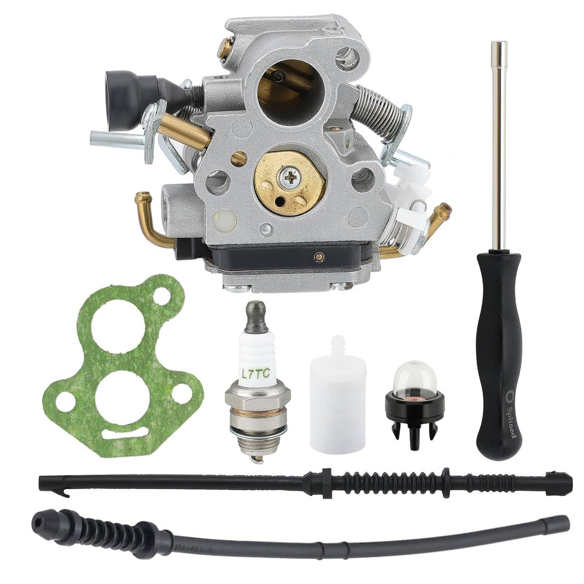 Silver chainsaw carburetor kit with gasket, spark plug, fuel line, and mounting parts