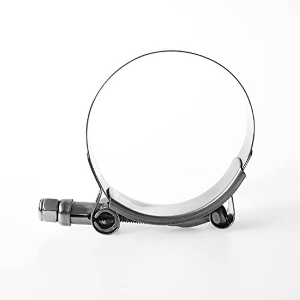 Stainless steel T-bolt hose clamp with black spring band and screw hardware, profile view