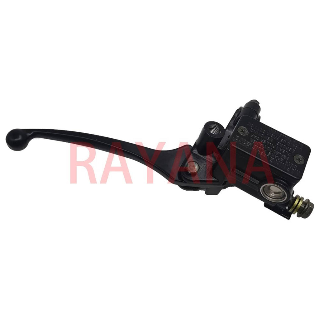 Black brake master cylinder lever with reservoir cap and hose connection