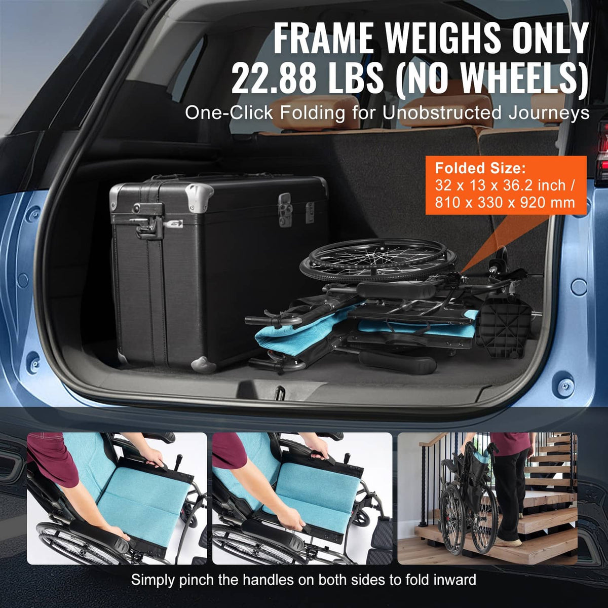 Folded manual wheelchair with blue seat cushion and black frame stored in a compartment