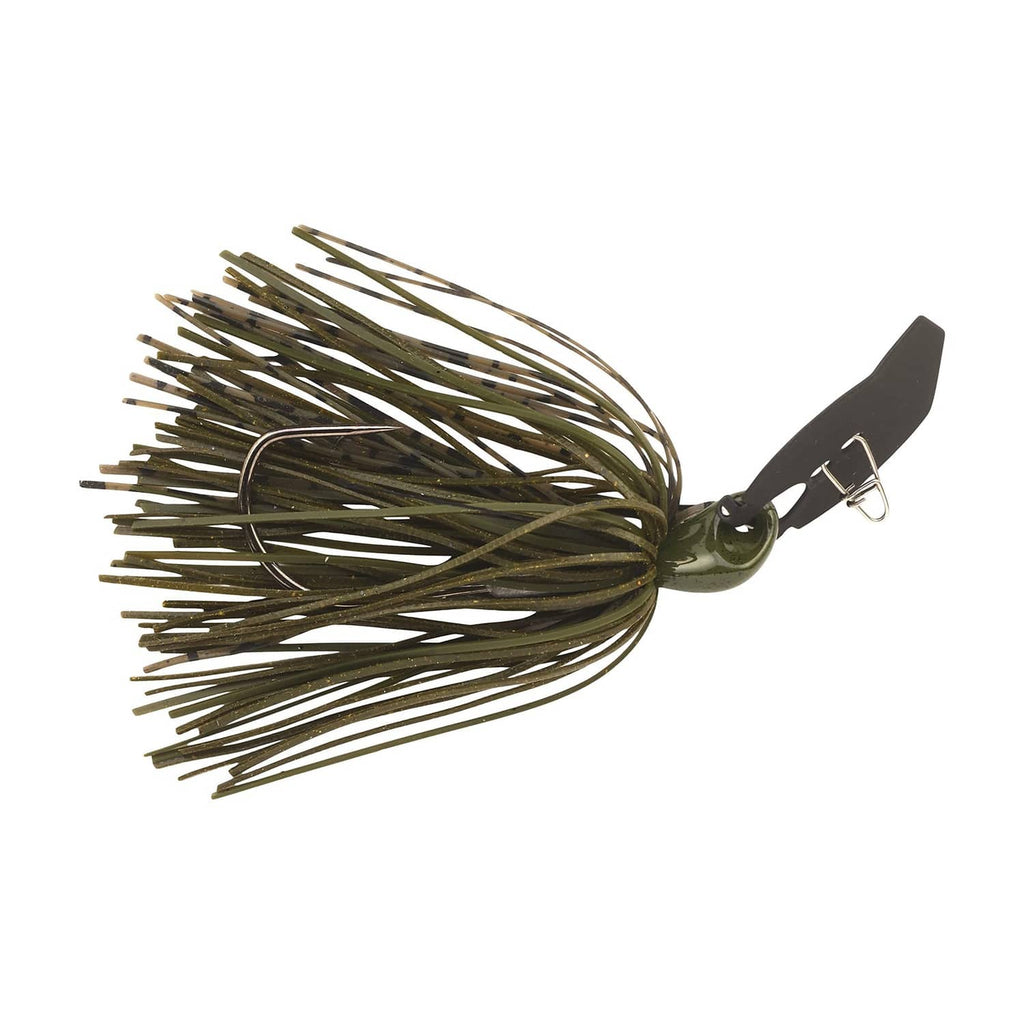 Green bladed jig lure with wire skirt strands and black blade