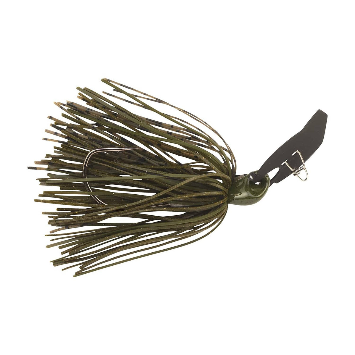 Green bladed jig lure with wire skirt strands and black blade