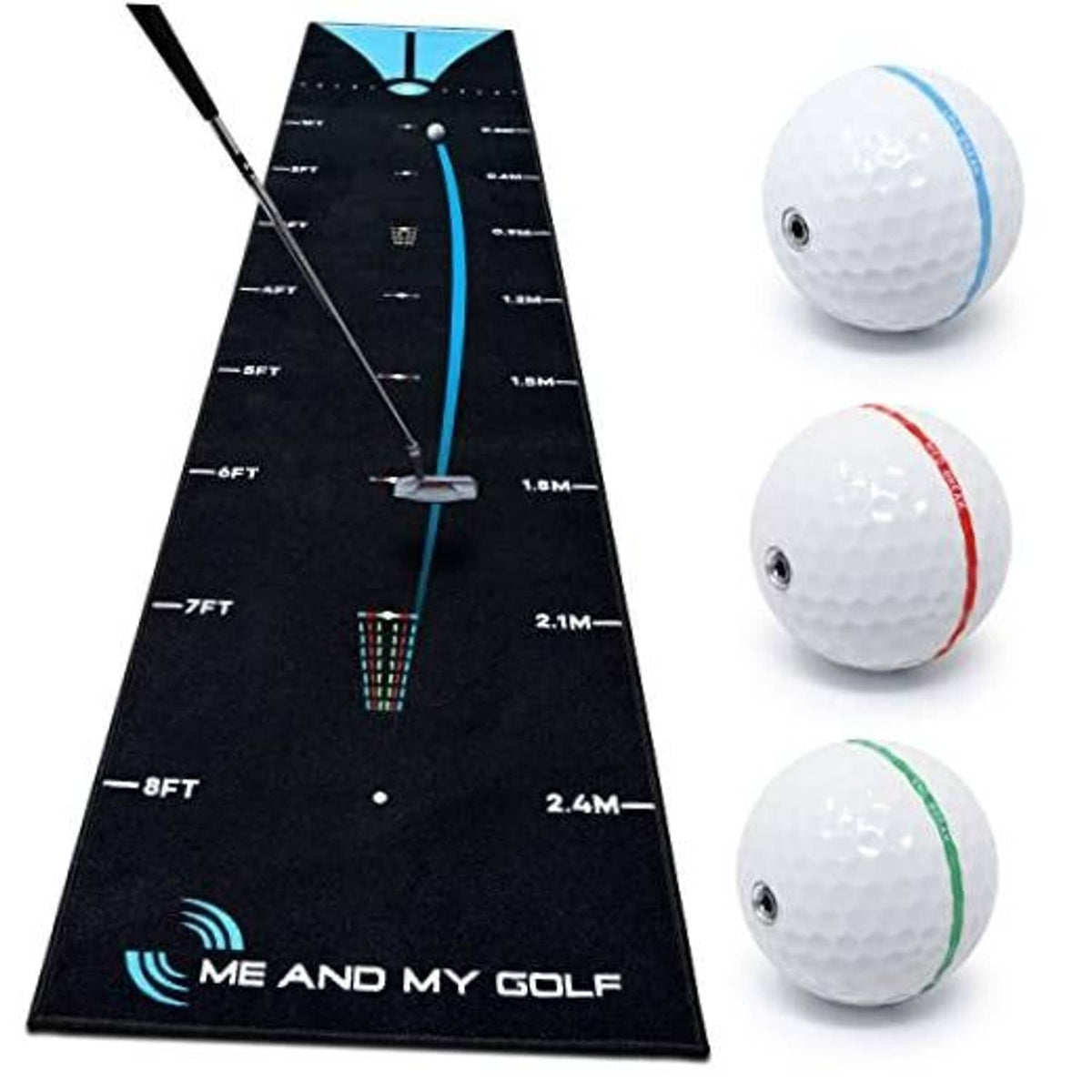 Black putting mat with center blue break line and three practice golf balls