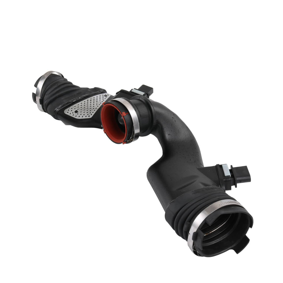 Air mass sensor with black intake duct, red sensor opening, corrugated hose ends
