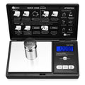 Black digital pocket scale with stainless weighing cup and blue LCD display in case