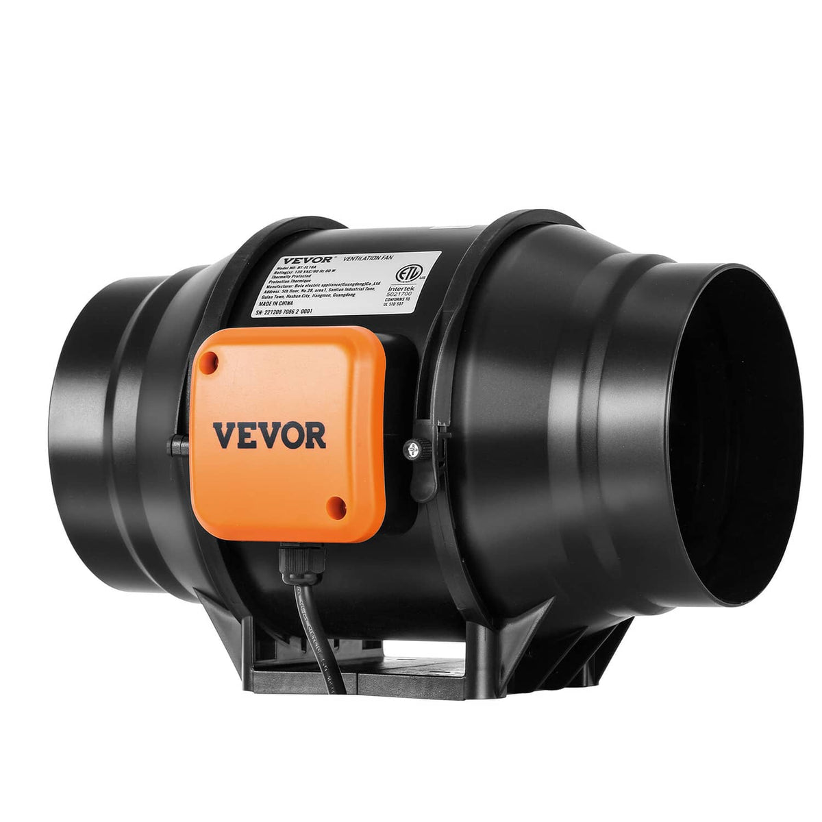VEVOR inline duct fan blower with orange controller and round duct outlet