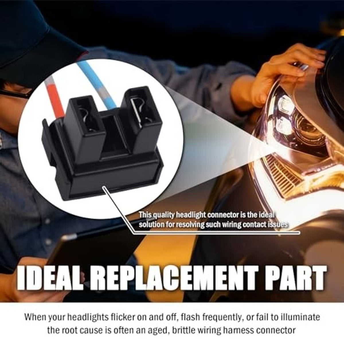 H7 headlight connector plug with dual black terminals and blue/red wire leads