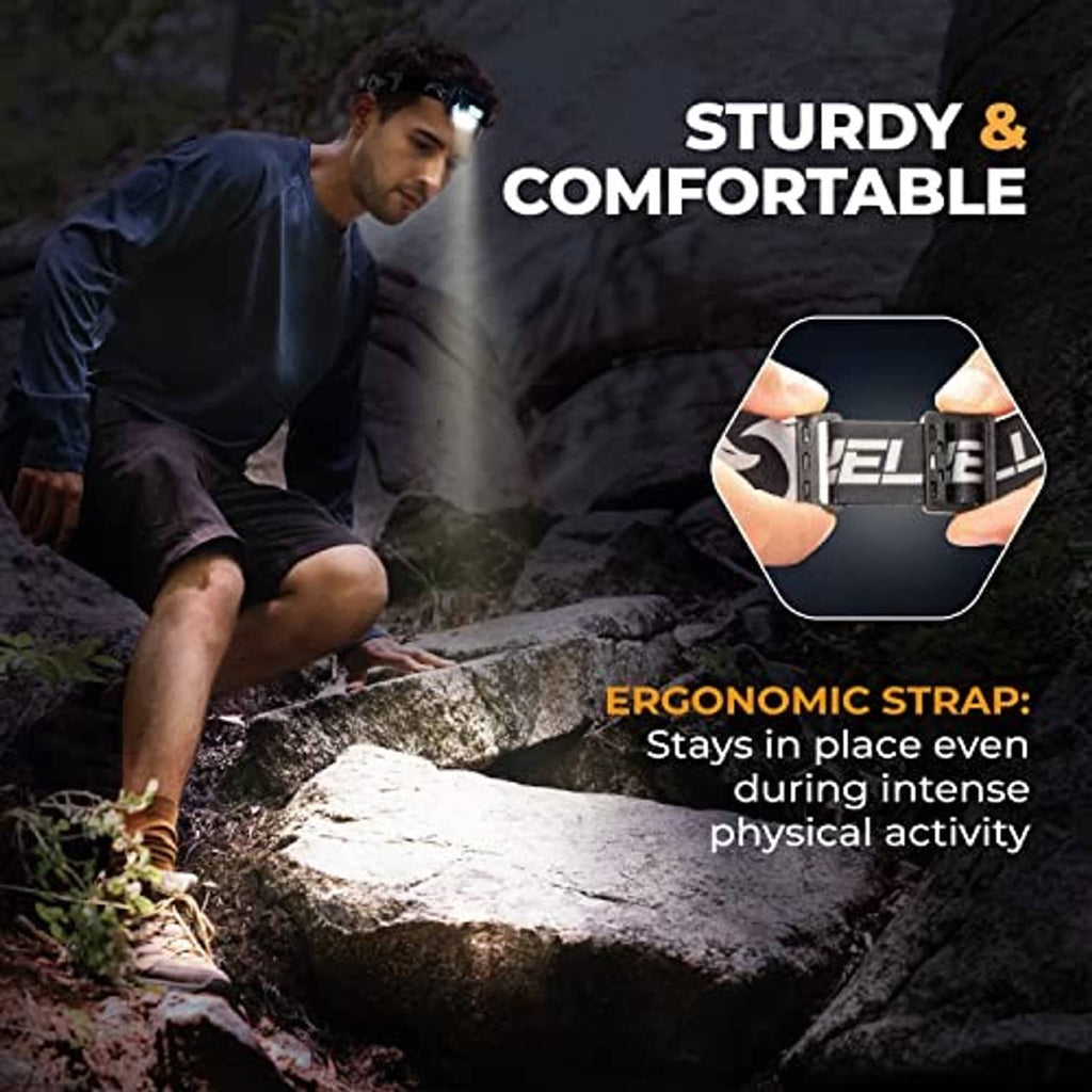 Foxelli rechargeable LED headlamp on elastic head strap worn during outdoor activity