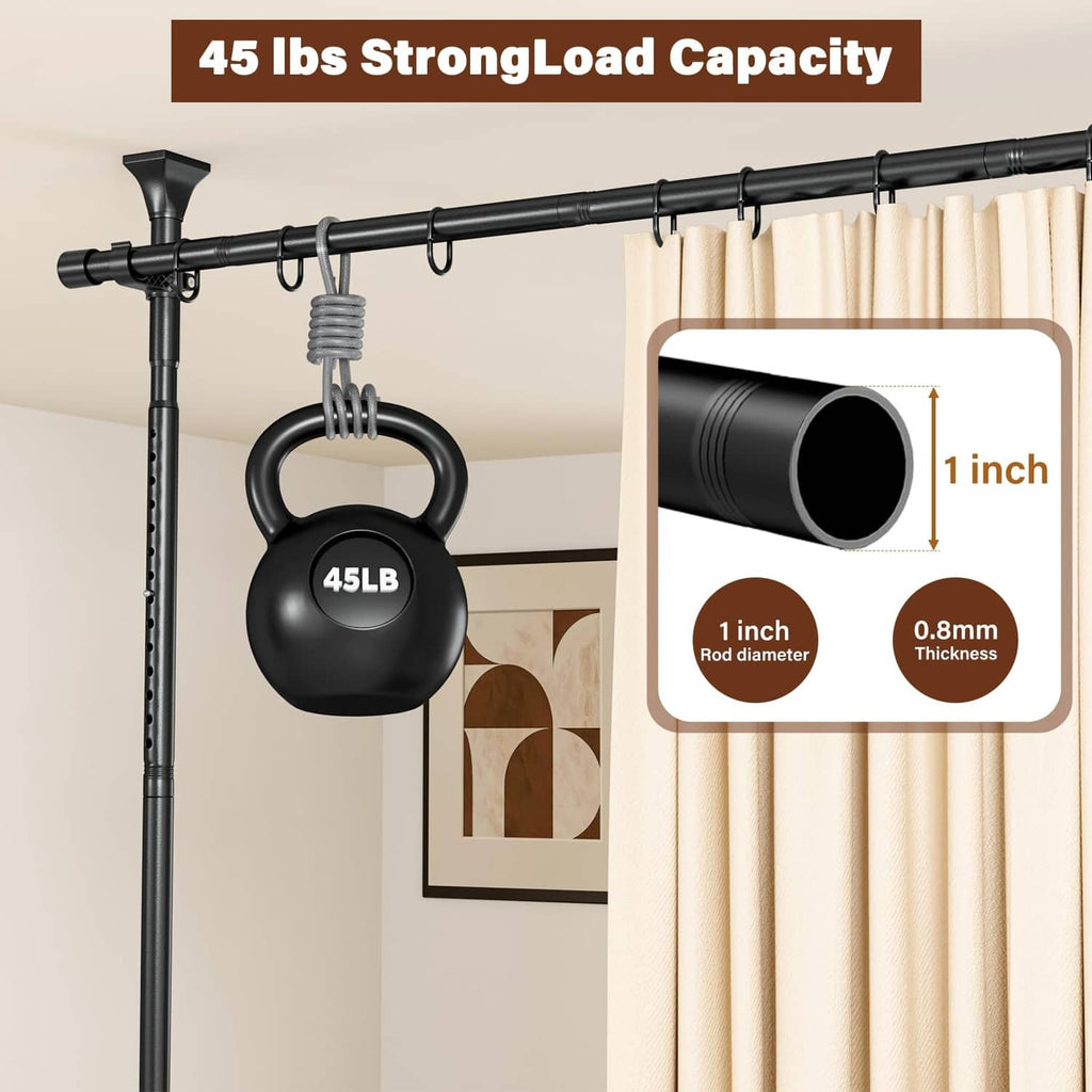 Black curtain rod with 45lb load capacity and 1-inch thick pipe sleeve