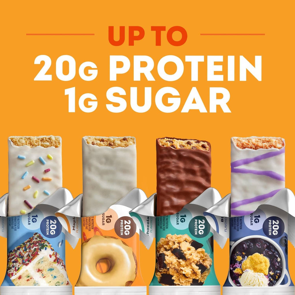 Protein bar variety lineup with 'Up to 20g protein, 1g sugar' claim.