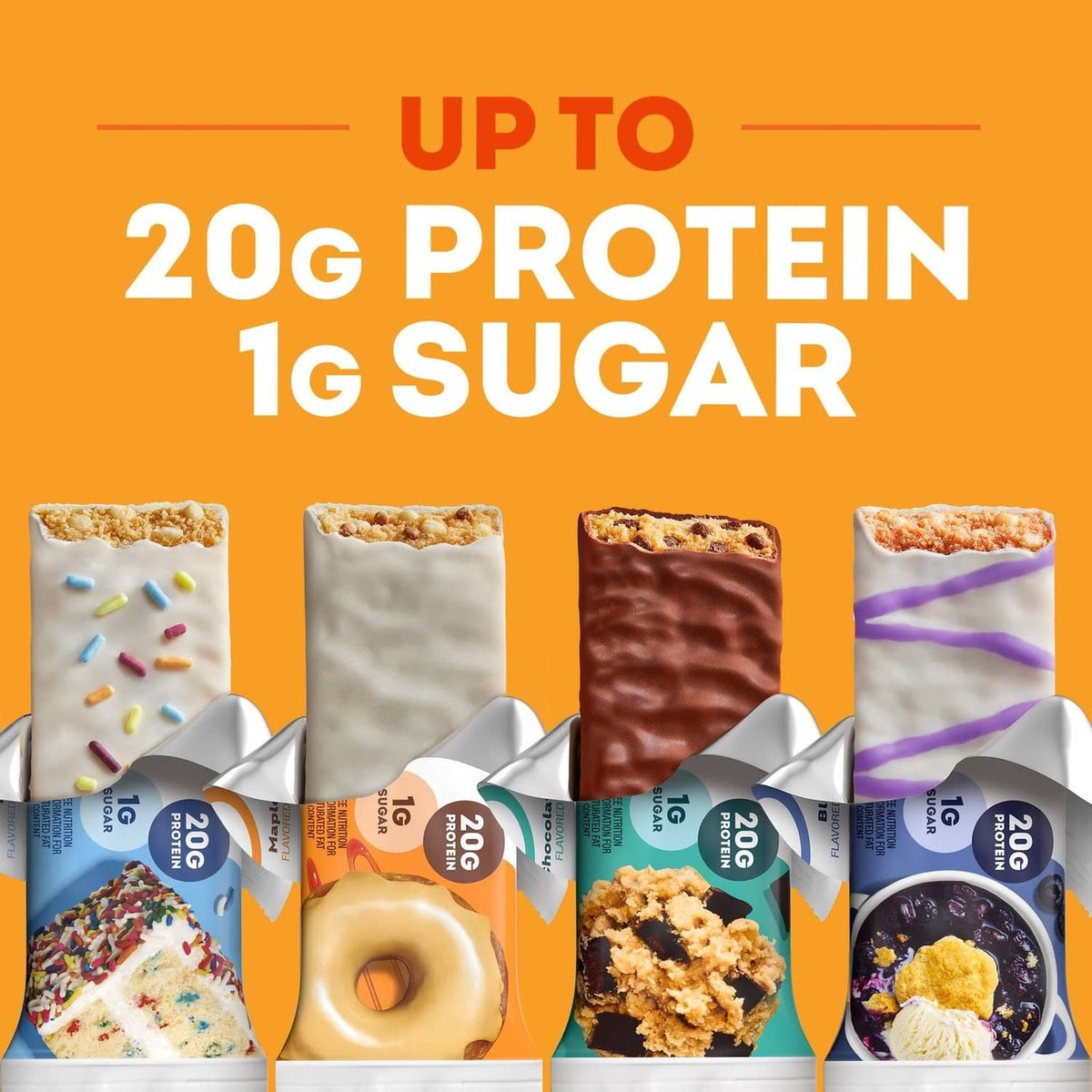 Protein bar variety lineup with 'Up to 20g protein, 1g sugar' claim.