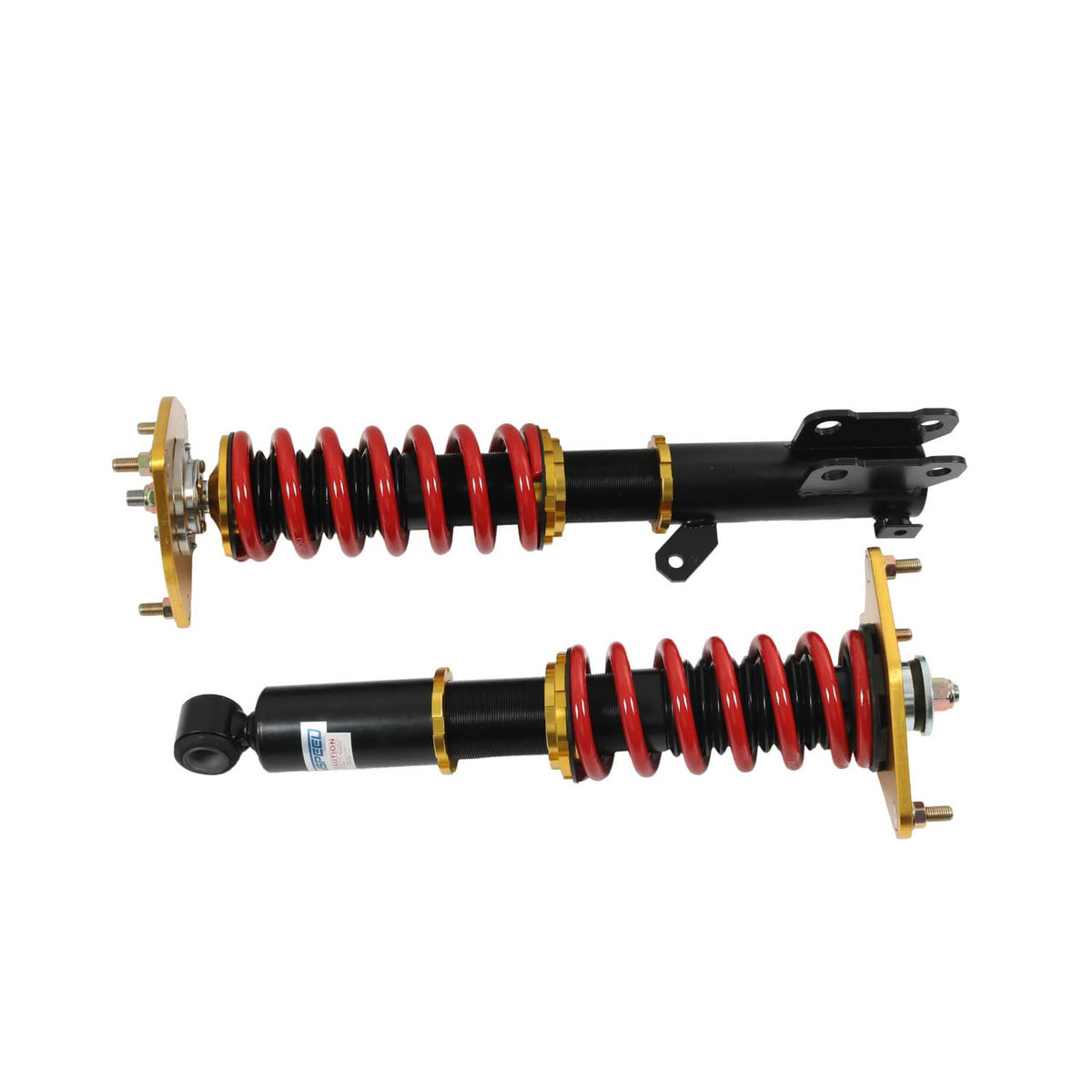 Two coilover struts laid out, red coil springs, black shocks, gold mounting flanges