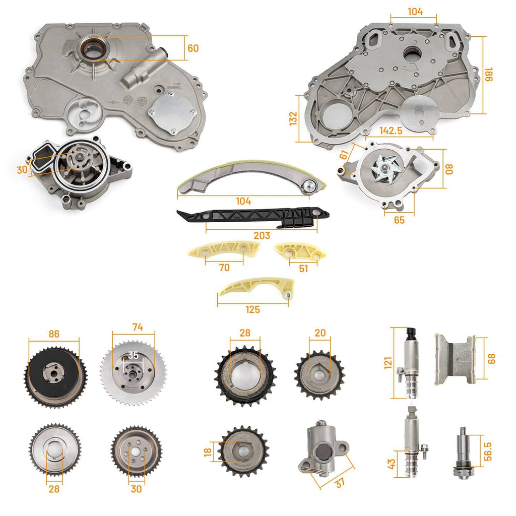 Exploded diagram of timing chain kit components and water pump with labeled dimensions