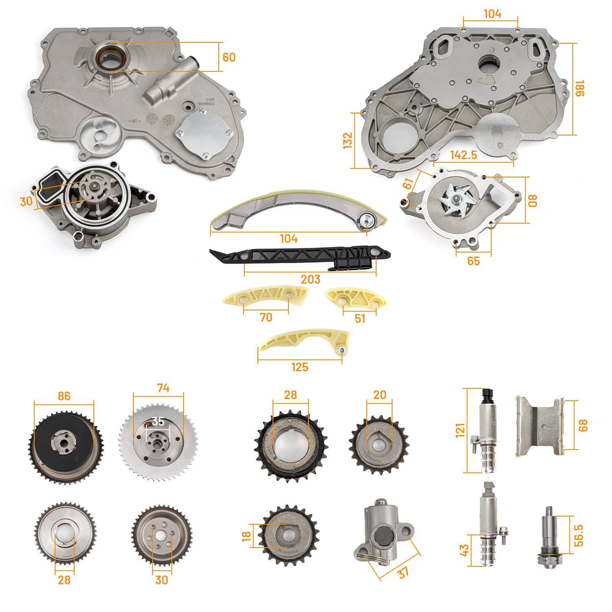 Exploded diagram of timing chain kit components and water pump with labeled dimensions