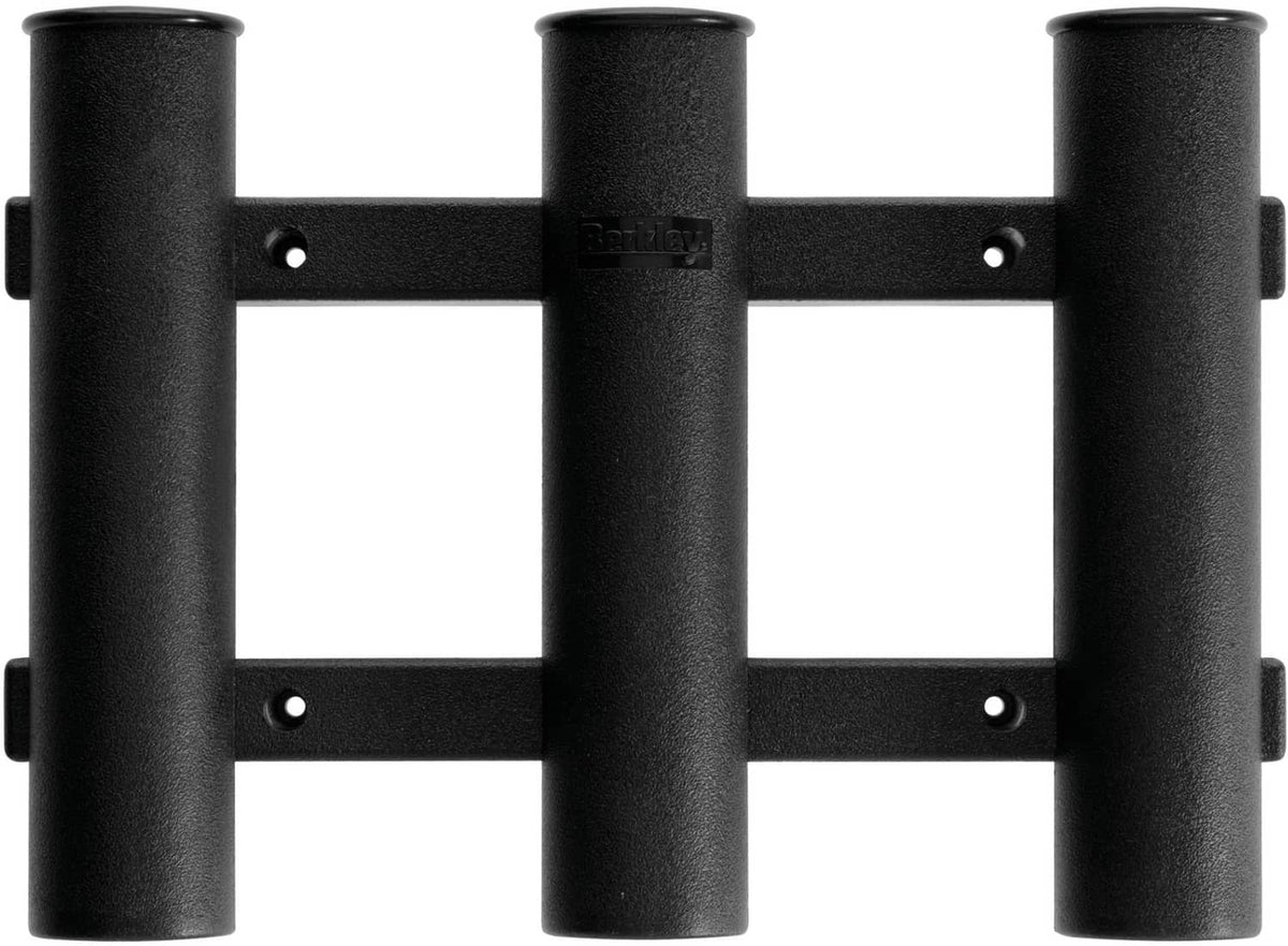 Berkley 3-rod tube rod holder rack, black metal with two bar supports