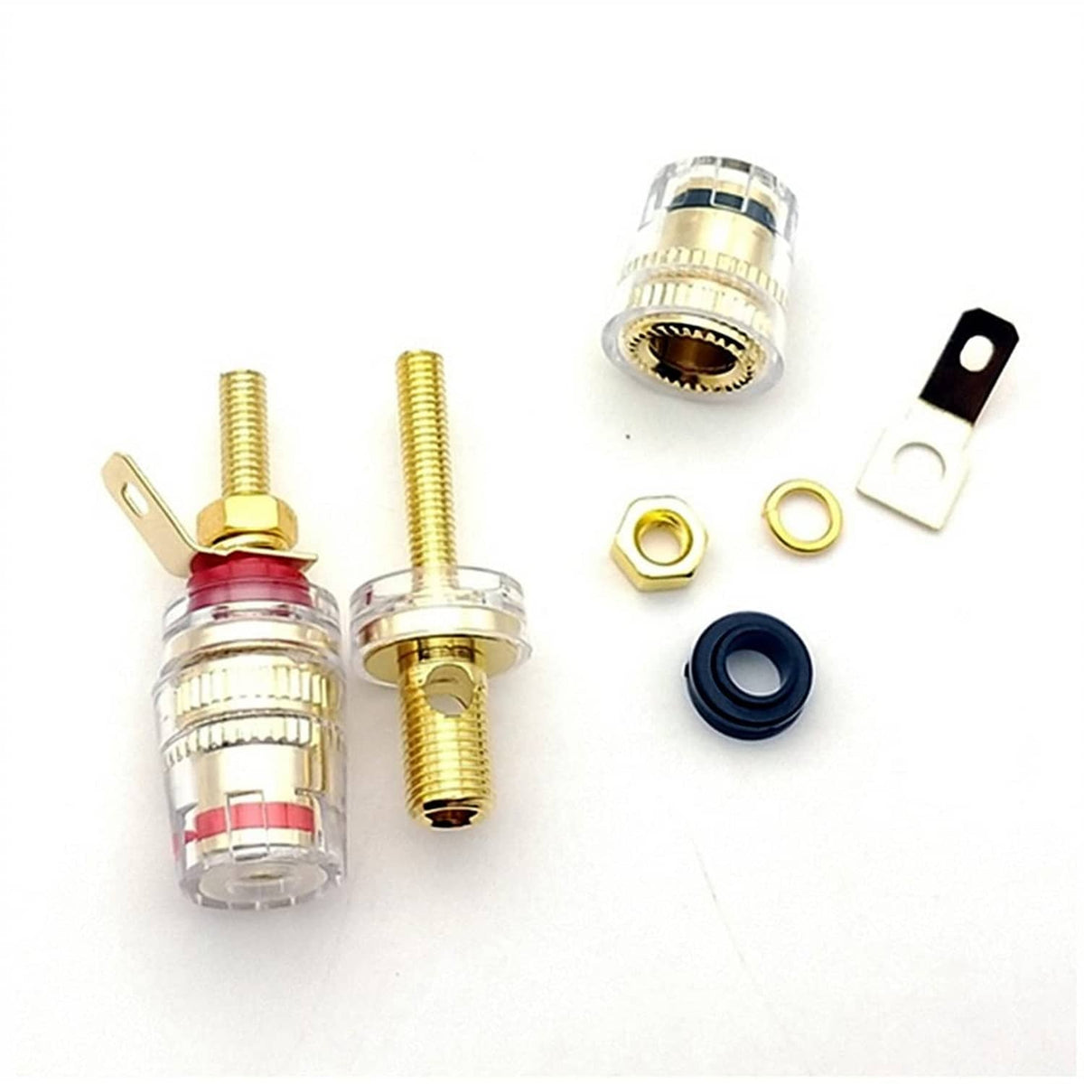 Gold plated banana plug binding posts set with metal rings, washers and mounting parts