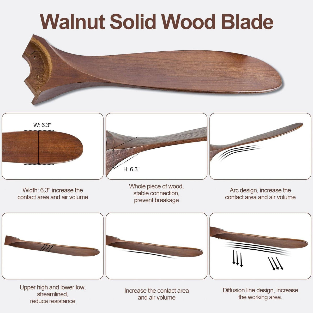 Walnut solid wood ceiling fan blade with curved profile and visible wood grain