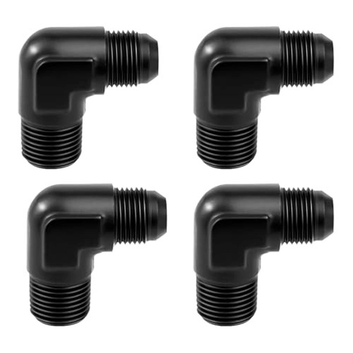 Four black 90-degree elbow male fittings with curved body and external threads