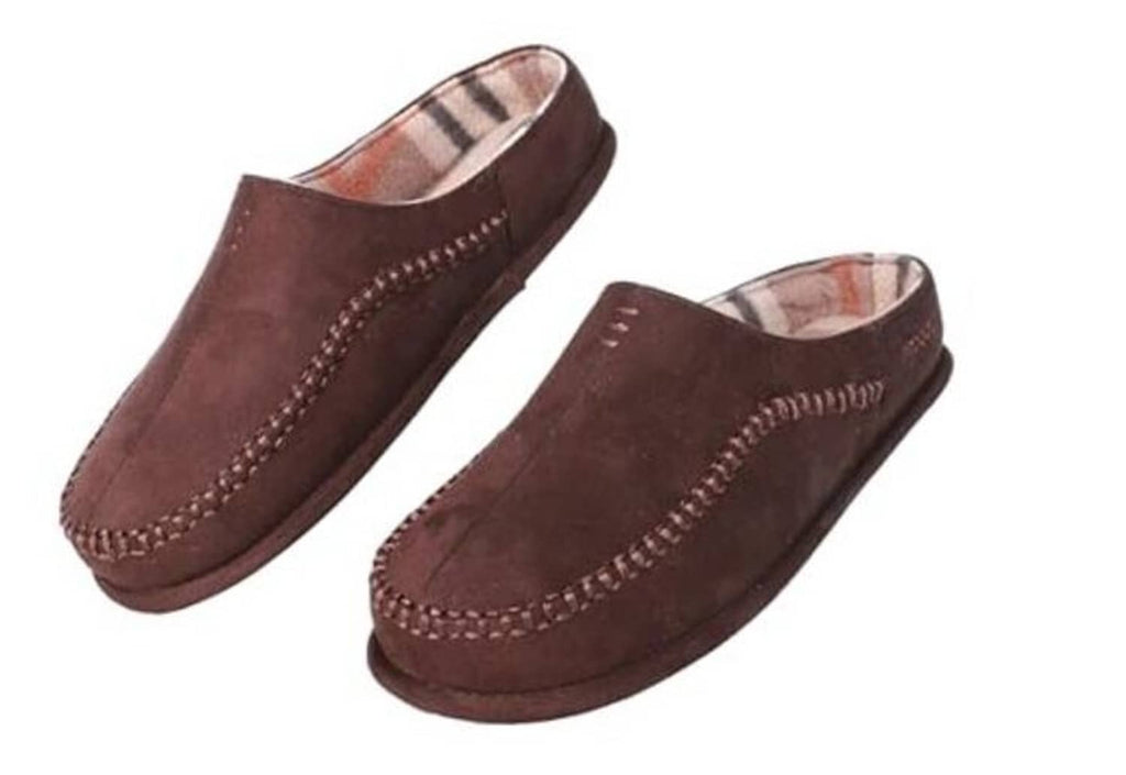 Brown suede moccasin-style slip-on slippers with stitched seam and soft inner lining