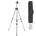 Laser level tripod with orange top, silver legs, and black carry case shown