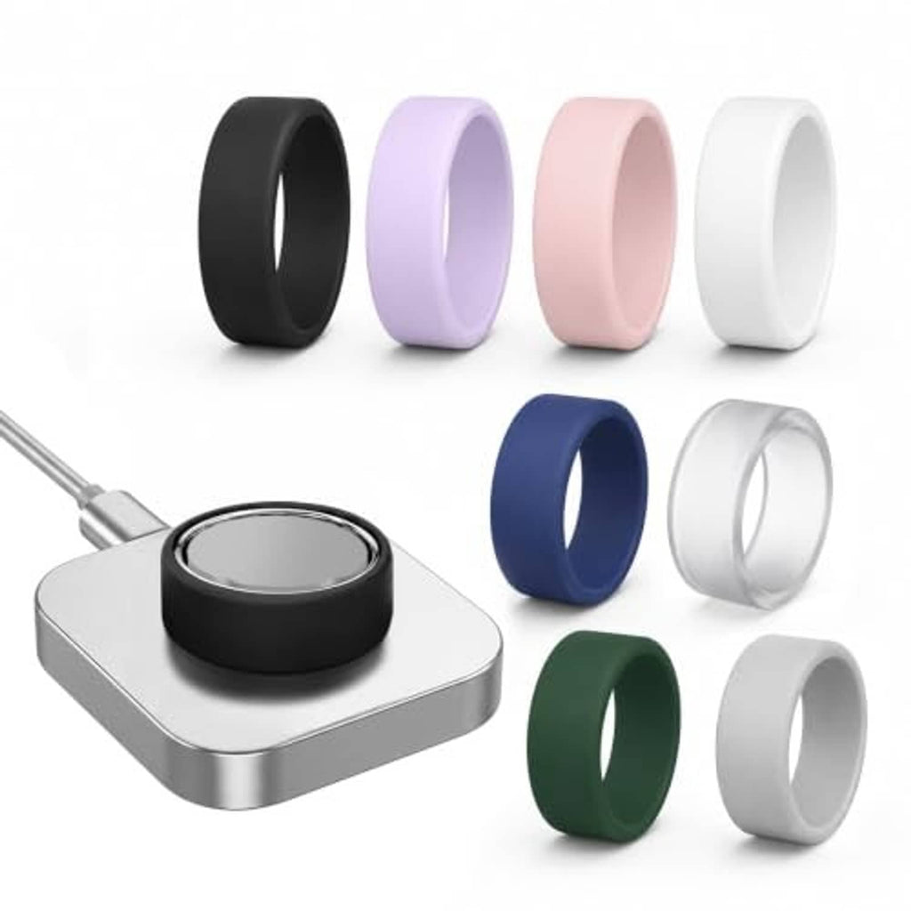 Set of 8 silicone ring covers shown with a charging dock; colors include black, lavender, pink, white.