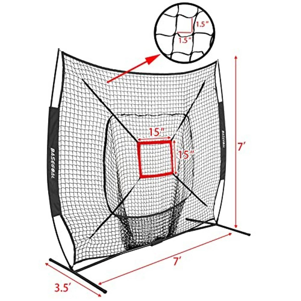 7 ft portable baseball practice net with red strike zone target and size guide marks