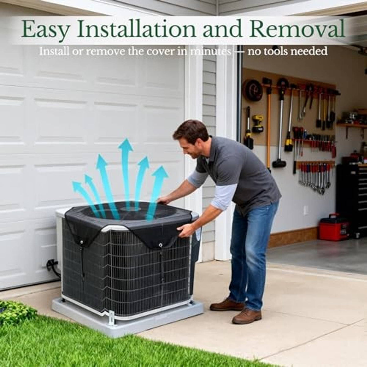 Adult installing a square mesh outdoor AC cover over the unit’s top