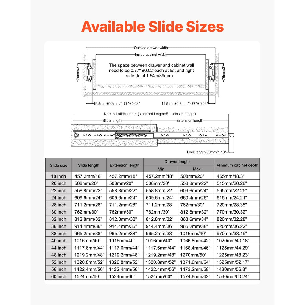 Drawer runner size guide diagram for slide and extension lengths