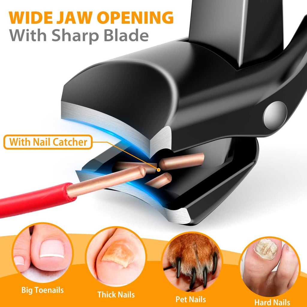 Black long-handled toenail clippers with curved head, wide jaw, and nail catcher.