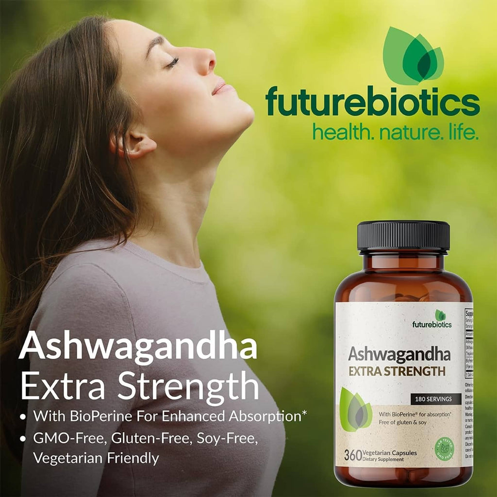 Ashwagandha extra strength supplement bottle with branding and product text layout