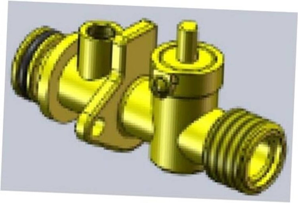 Metal flow switch inlet with threaded ends and circular mounting port, angled view