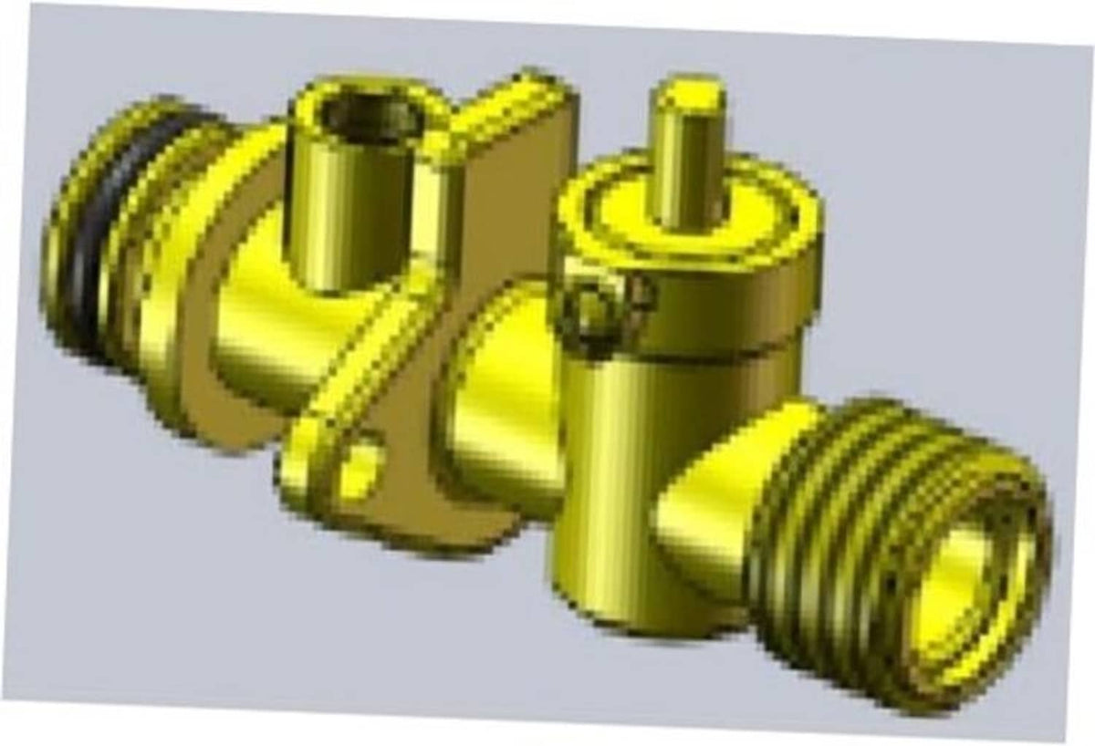 Metal flow switch inlet with threaded ends and circular mounting port, angled view