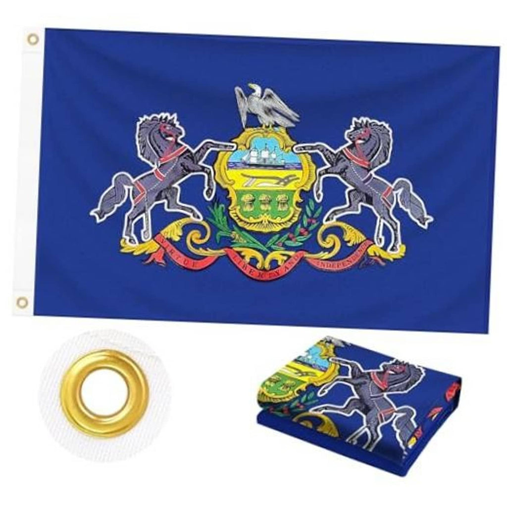 Blue outdoor embroidered state flag with Pennsylvania seal, horses, and brass grommets
