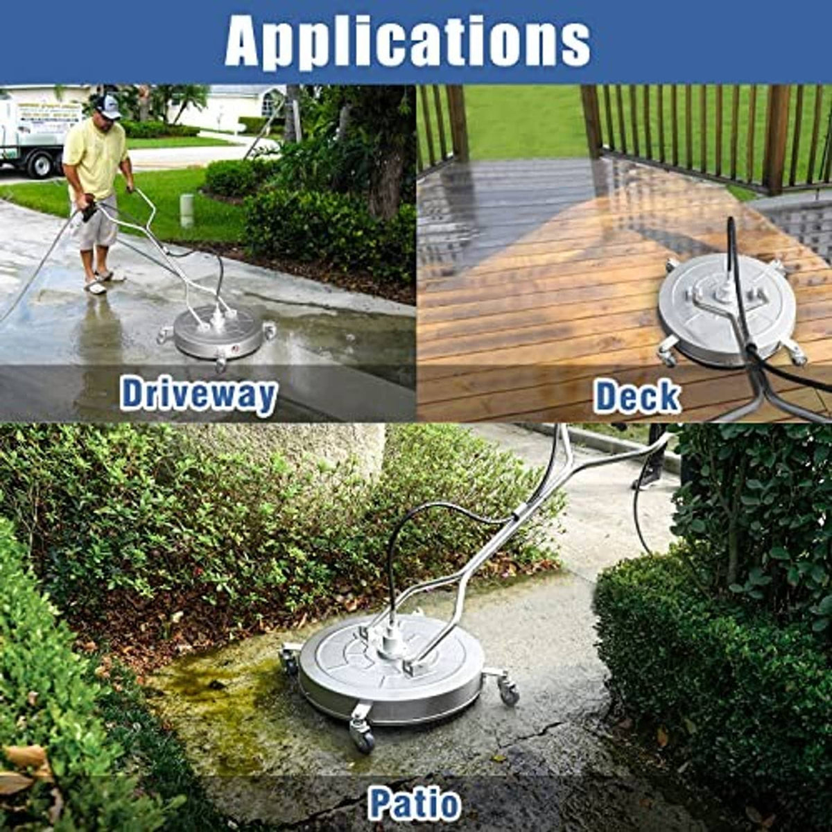 Pressure washer surface cleaner with four caster wheels and hose for outdoor driveway cleaning