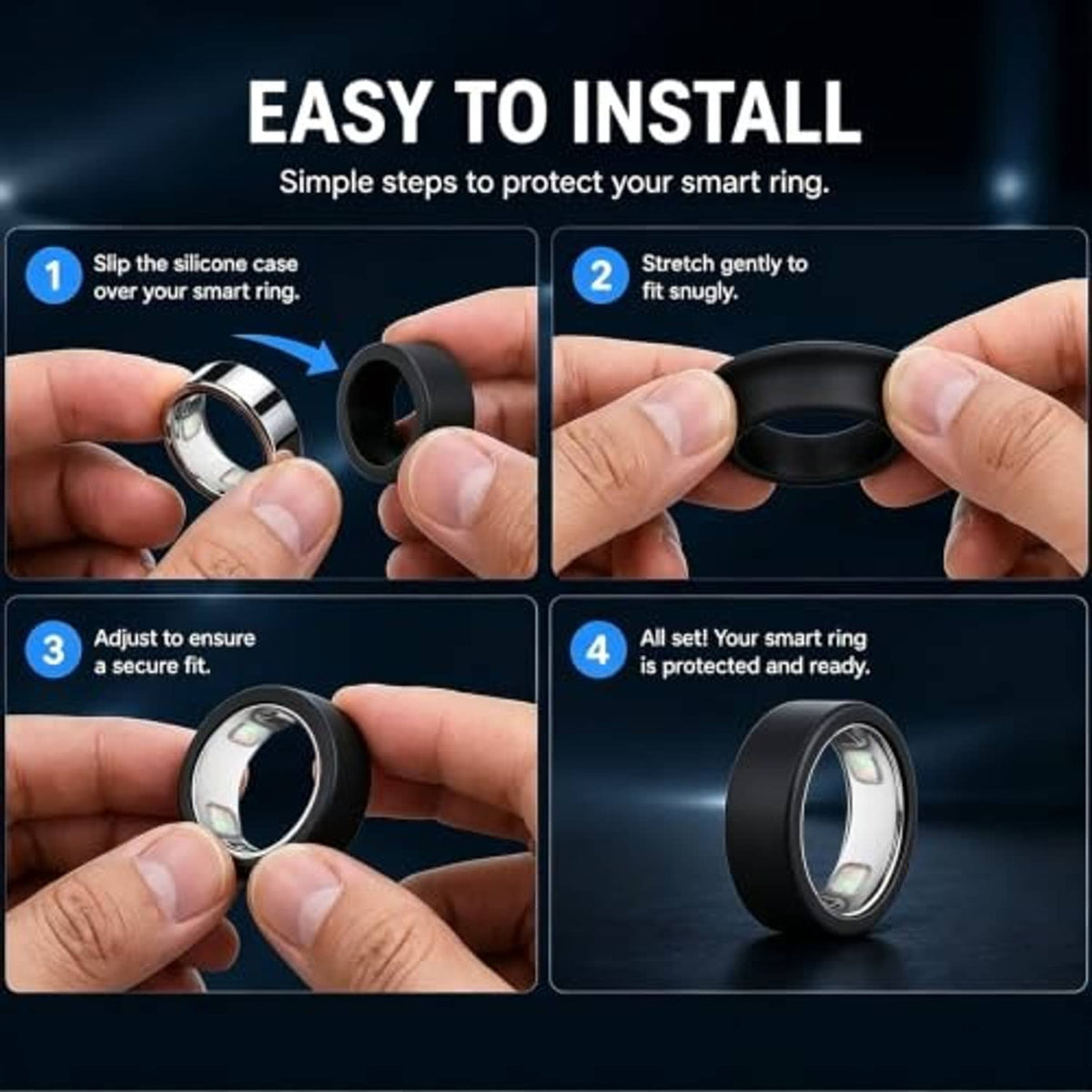 Black silicone ring cover installation, hands fitting the case securely over a ring