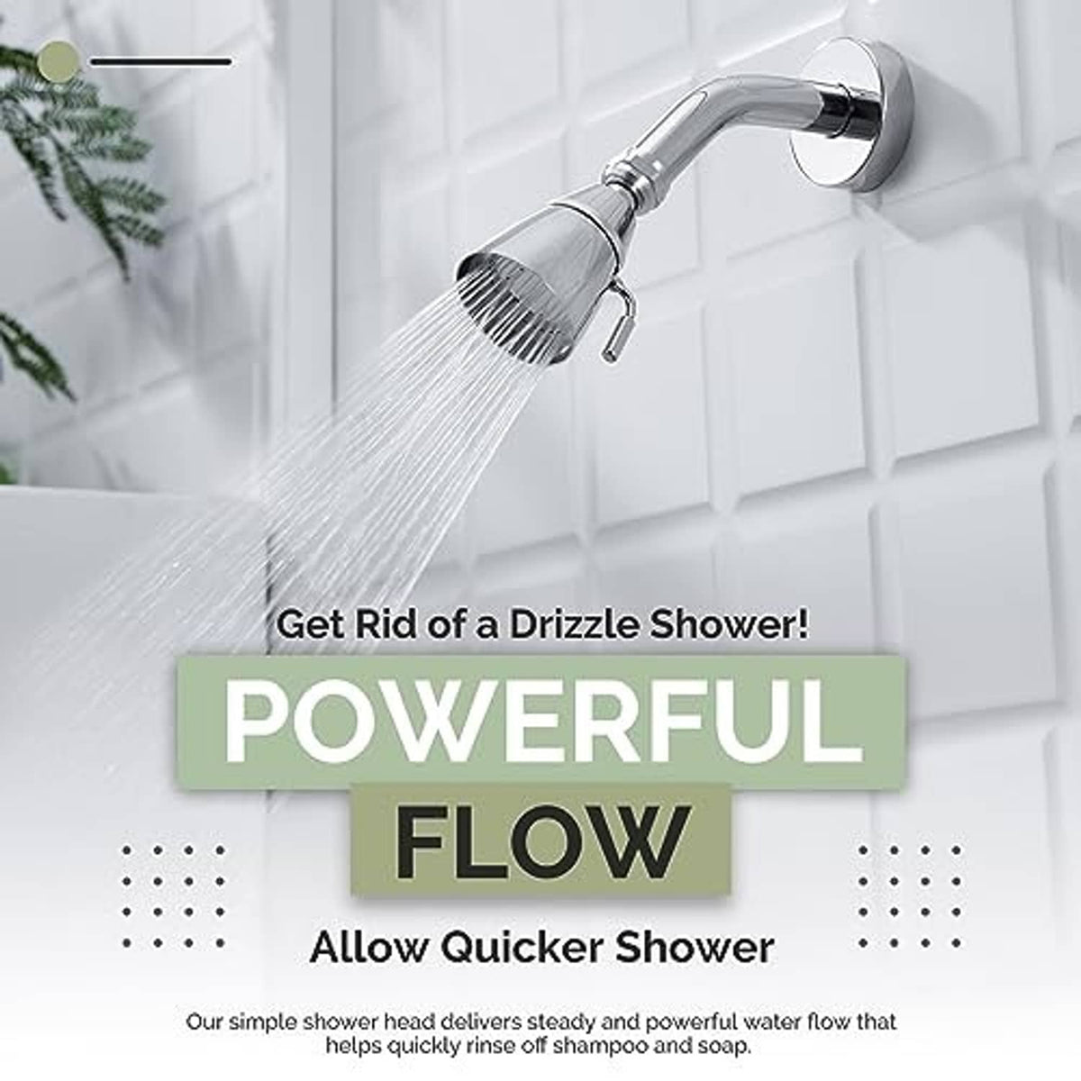Chrome shower head spraying water from the round nozzle on an angled arm