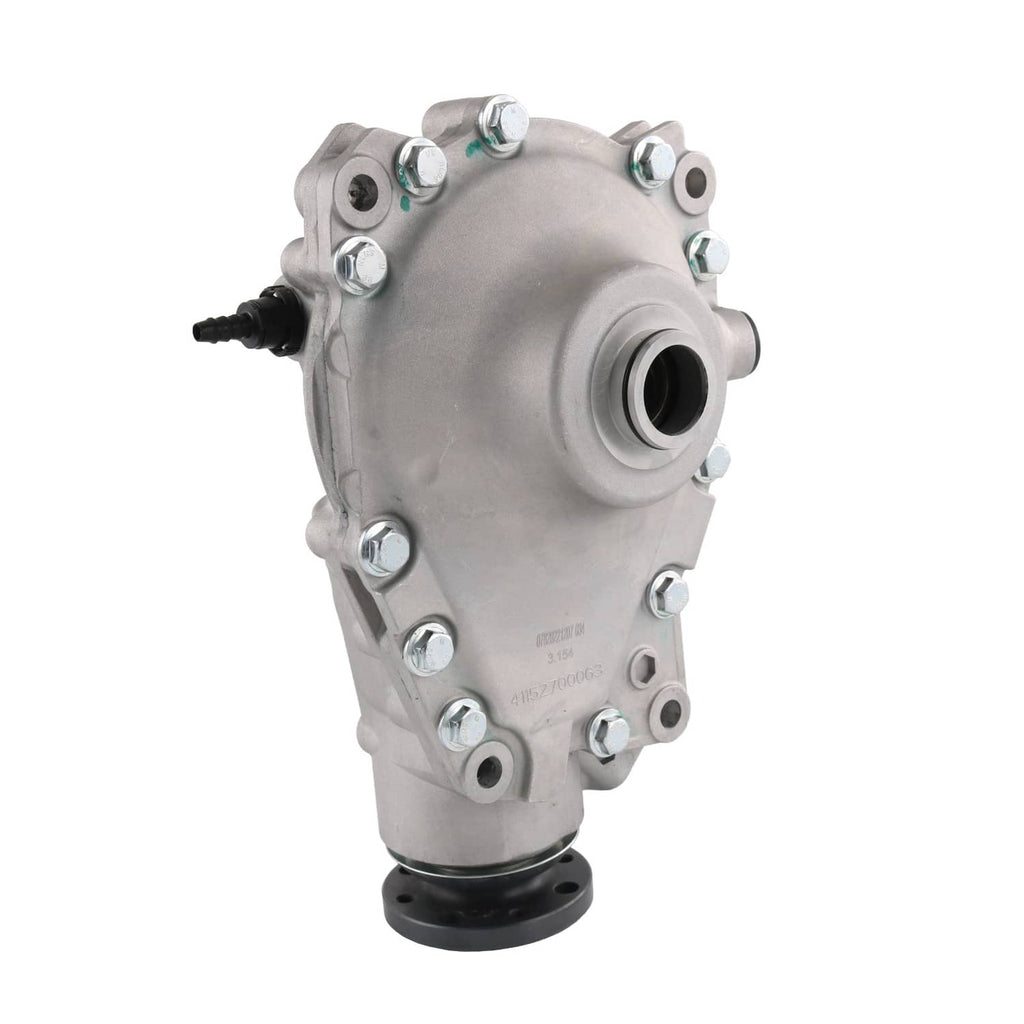 Front differential carrier assembly, silver metal housing with large circular port and bolt heads