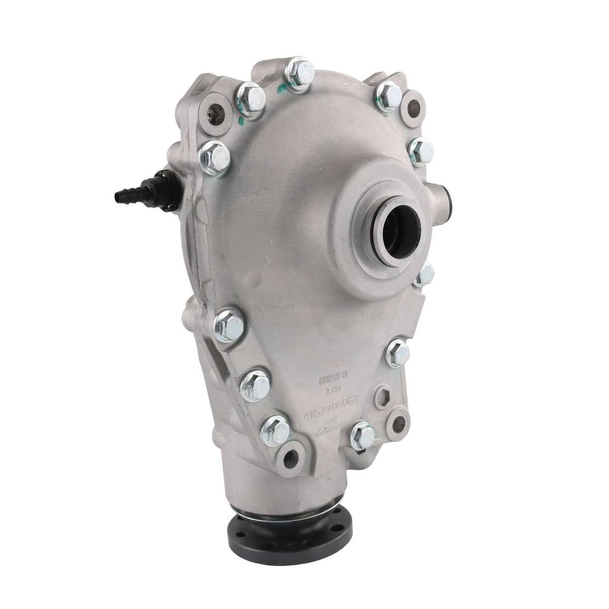 Front differential carrier assembly, silver metal housing with large circular port and bolt heads