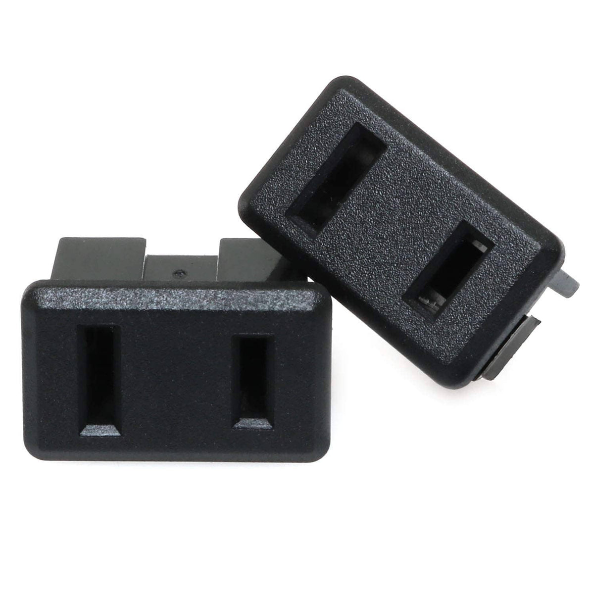 Black 2-pin panel-mount power outlet socket pair, front openings and mounting tab