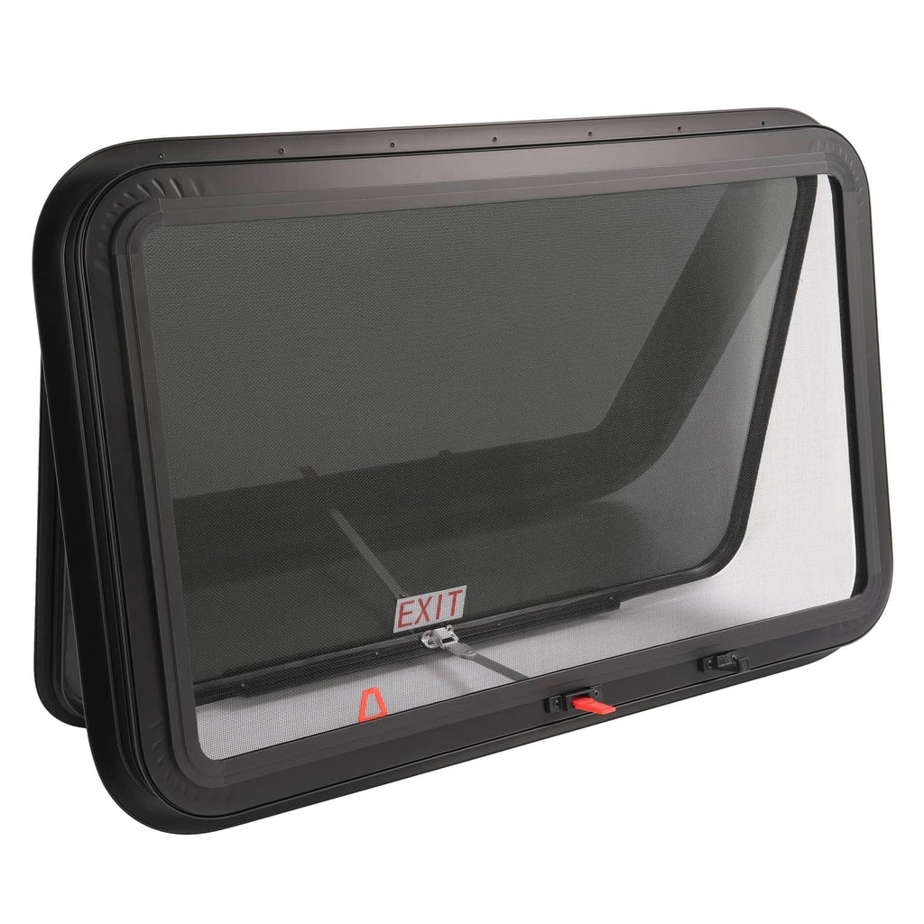 RV emergency exit window with dark tinted glass and EXIT latch handle